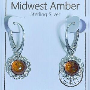 NEW Midwest Amber• Baltic Cognac Amber in .925 Open Filigree Setting Earrings